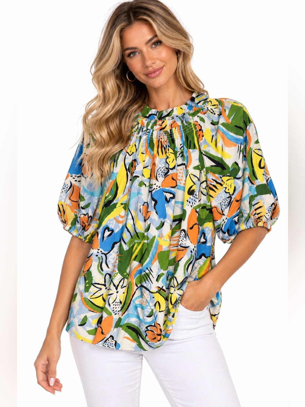Jodifl Floral Puff Sleeve Abstract Smocked Neck Top - Multicolor Size Large